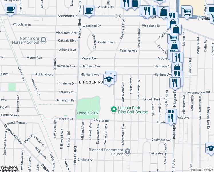 map of restaurants, bars, coffee shops, grocery stores, and more near 500 Parkhurst Boulevard in Buffalo