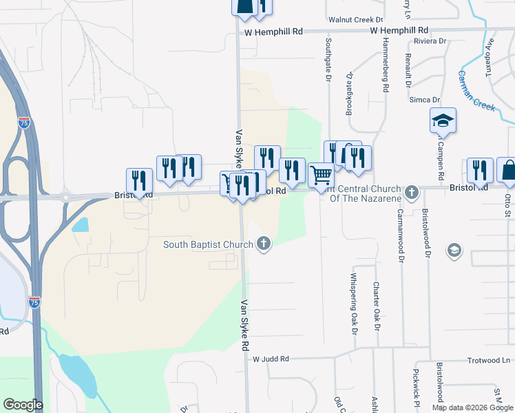 map of restaurants, bars, coffee shops, grocery stores, and more near 1519 W Bristol Rd in Flint