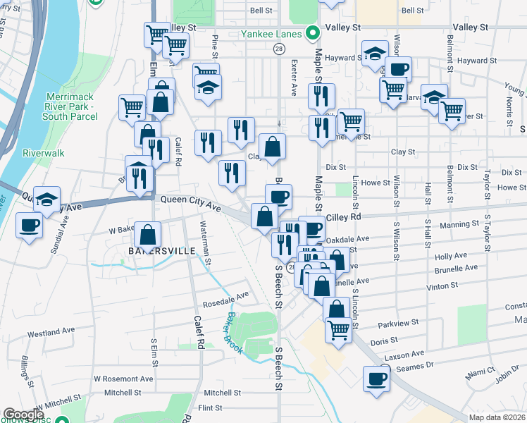 map of restaurants, bars, coffee shops, grocery stores, and more near 229 Shasta Street in Manchester