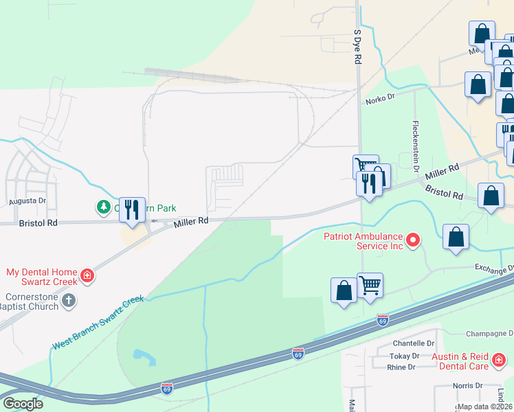 map of restaurants, bars, coffee shops, grocery stores, and more near 5472 Miller Road in Swartz Creek