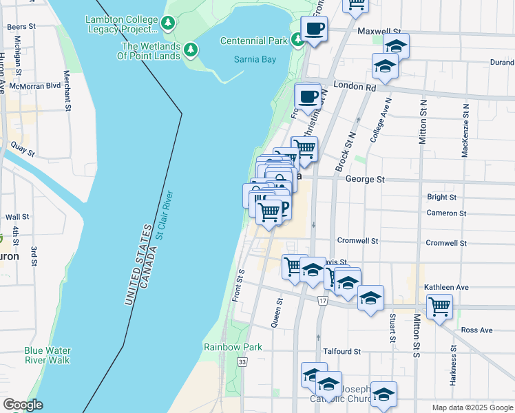 map of restaurants, bars, coffee shops, grocery stores, and more near 187 Front Street North in Sarnia