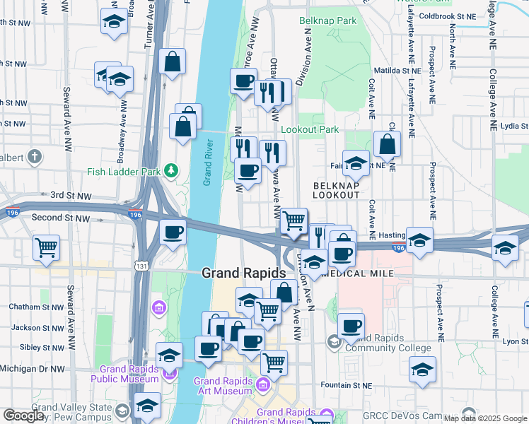 map of restaurants, bars, coffee shops, grocery stores, and more near 538 Bond Avenue Northwest in Grand Rapids