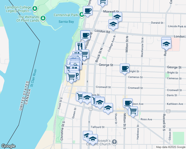 map of restaurants, bars, coffee shops, grocery stores, and more near 183 Brock Street North in Sarnia