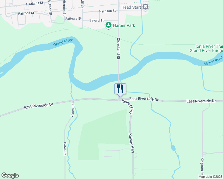 map of restaurants, bars, coffee shops, grocery stores, and more near 785 Cleveland Street in Ionia