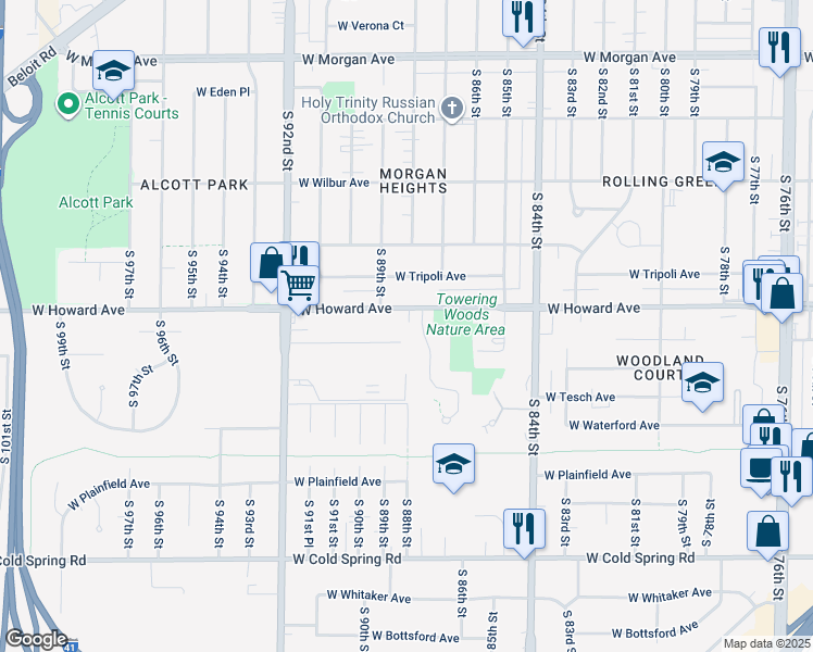 map of restaurants, bars, coffee shops, grocery stores, and more near 8801 West Howard Avenue in Greenfield