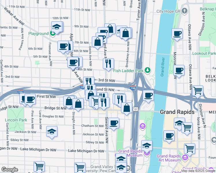 map of restaurants, bars, coffee shops, grocery stores, and more near 533 Second Street Northwest in Grand Rapids