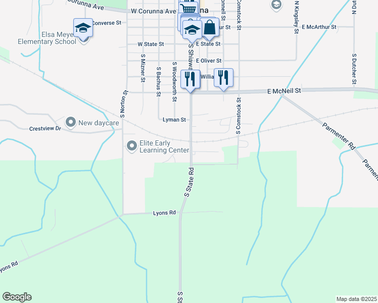 map of restaurants, bars, coffee shops, grocery stores, and more near 606 South Shiawassee Street in Corunna