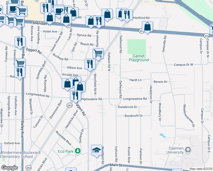 map of restaurants, bars, coffee shops, grocery stores, and more near 318 Ivyhurst Road North in Eggertsville