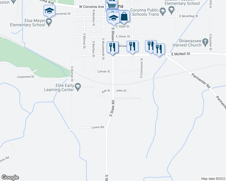 map of restaurants, bars, coffee shops, grocery stores, and more near 606 South Shiawassee Street in Corunna