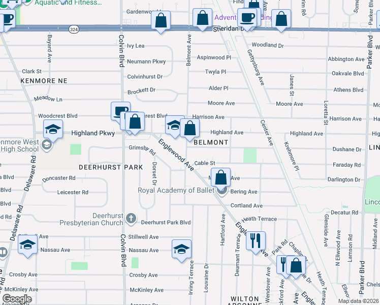 map of restaurants, bars, coffee shops, grocery stores, and more near 1083 Englewood Avenue in Buffalo