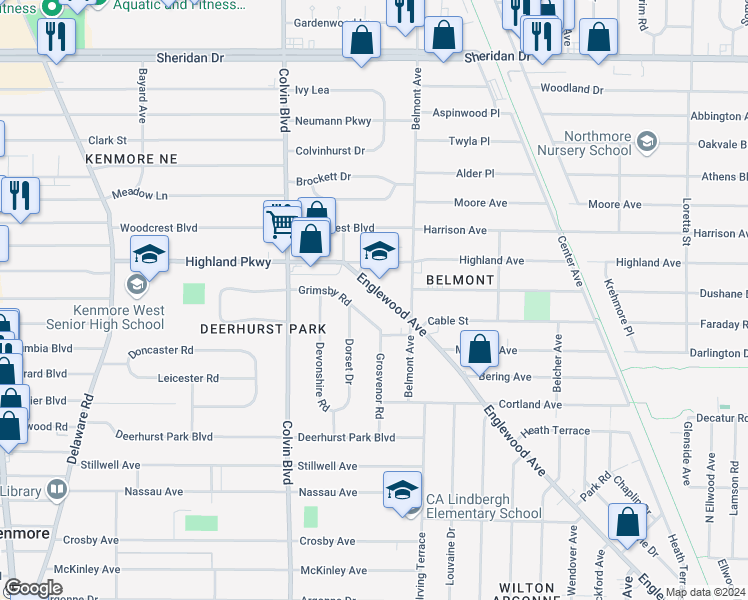 map of restaurants, bars, coffee shops, grocery stores, and more near 1118 Englewood Avenue in Buffalo