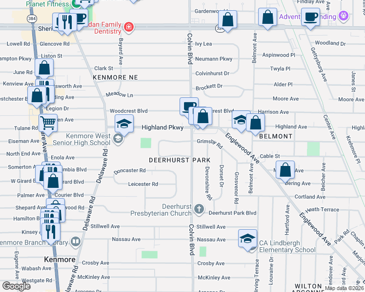 map of restaurants, bars, coffee shops, grocery stores, and more near 175 Grimsby Road West in Buffalo