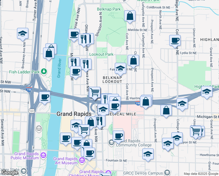 map of restaurants, bars, coffee shops, grocery stores, and more near in Grand Rapids