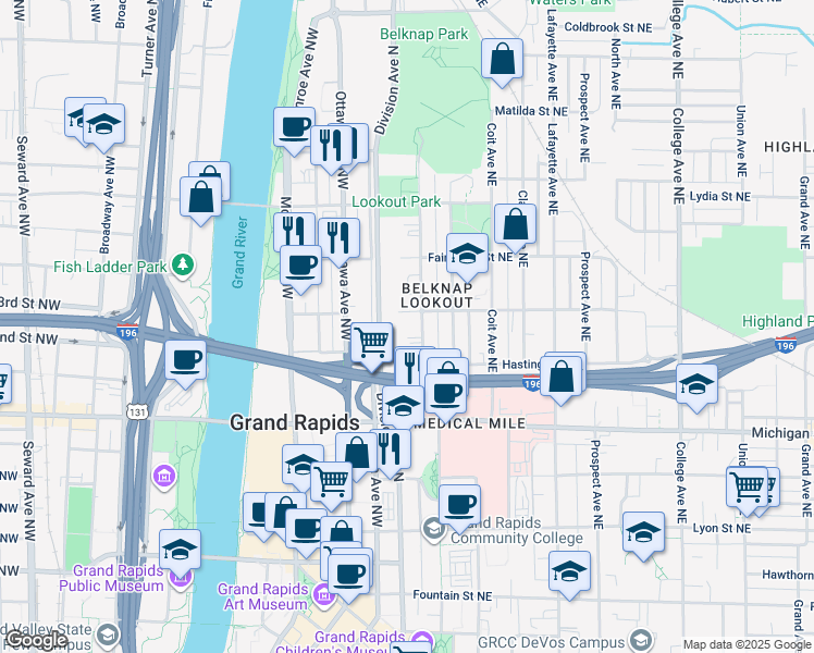 map of restaurants, bars, coffee shops, grocery stores, and more near 4 Trowbridge Street Northwest in Grand Rapids