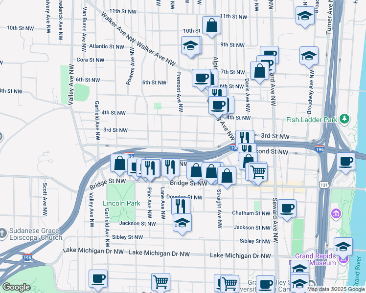 map of restaurants, bars, coffee shops, grocery stores, and more near 857 Second Street Northwest in Grand Rapids