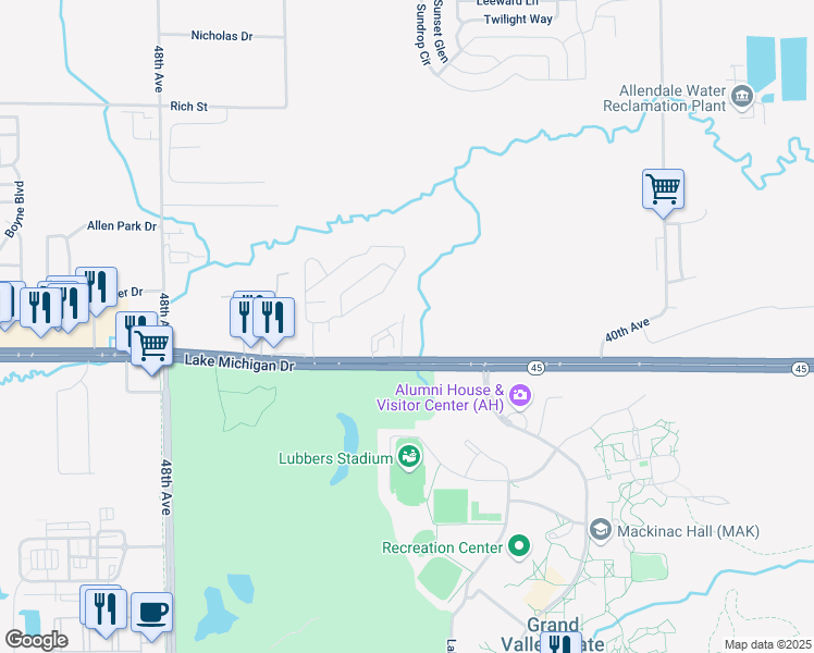 map of restaurants, bars, coffee shops, grocery stores, and more near 4415 Lake Michigan Drive in Allendale Charter Township