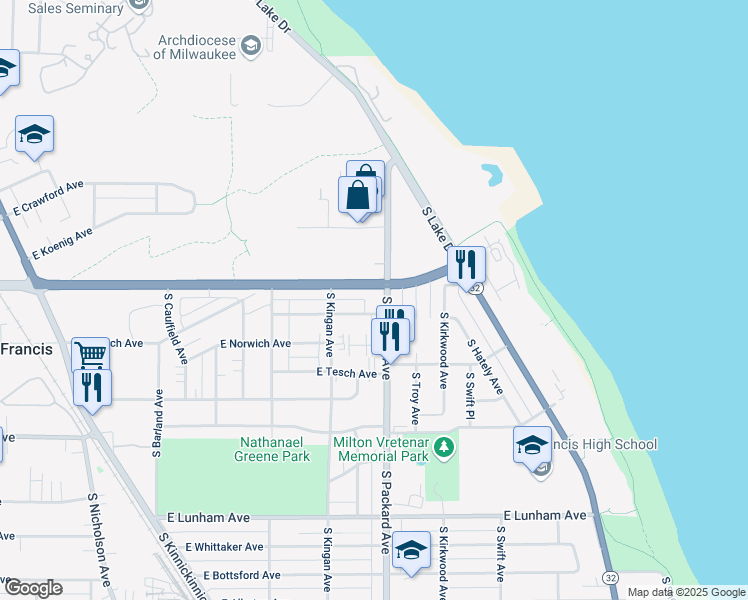 map of restaurants, bars, coffee shops, grocery stores, and more near 3545 East Howard Avenue in Saint Francis