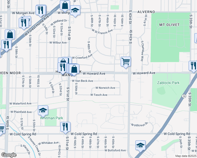 map of restaurants, bars, coffee shops, grocery stores, and more near 4705 West Howard Avenue in Milwaukee