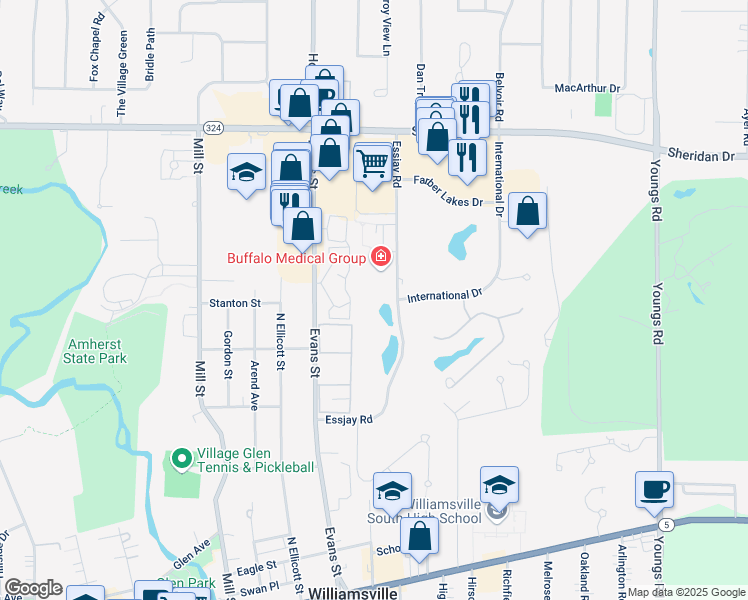 map of restaurants, bars, coffee shops, grocery stores, and more near 325 Essjay Road in Buffalo