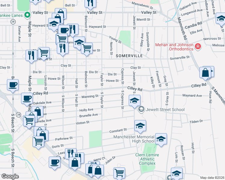 map of restaurants, bars, coffee shops, grocery stores, and more near 654 Cilley Road in Manchester