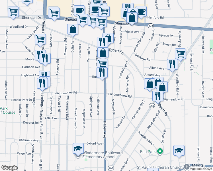 map of restaurants, bars, coffee shops, grocery stores, and more near 466 Maynard Drive in Buffalo
