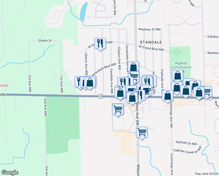 map of restaurants, bars, coffee shops, grocery stores, and more near 445 Ferndale Avenue Northwest in Grand Rapids