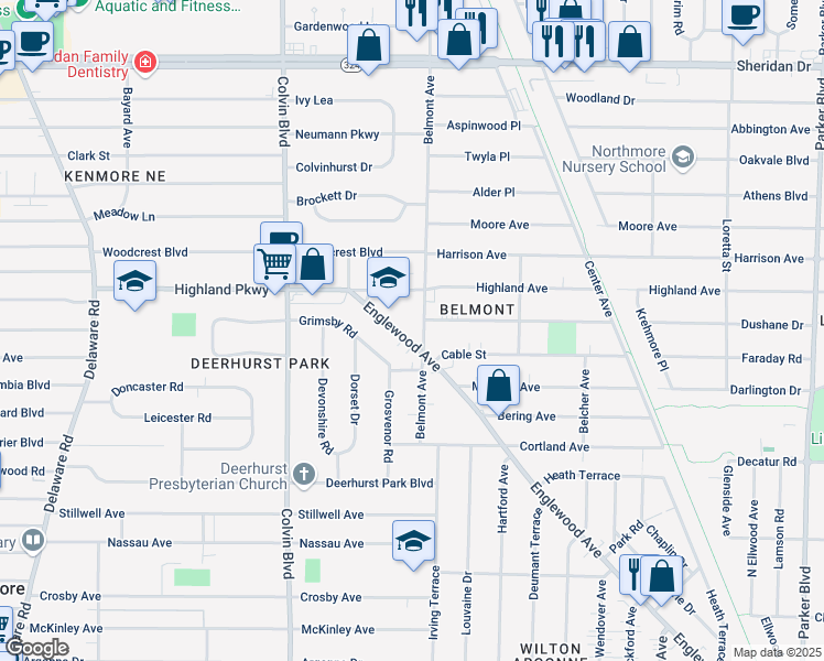 map of restaurants, bars, coffee shops, grocery stores, and more near 1083 Englewood Avenue in Buffalo