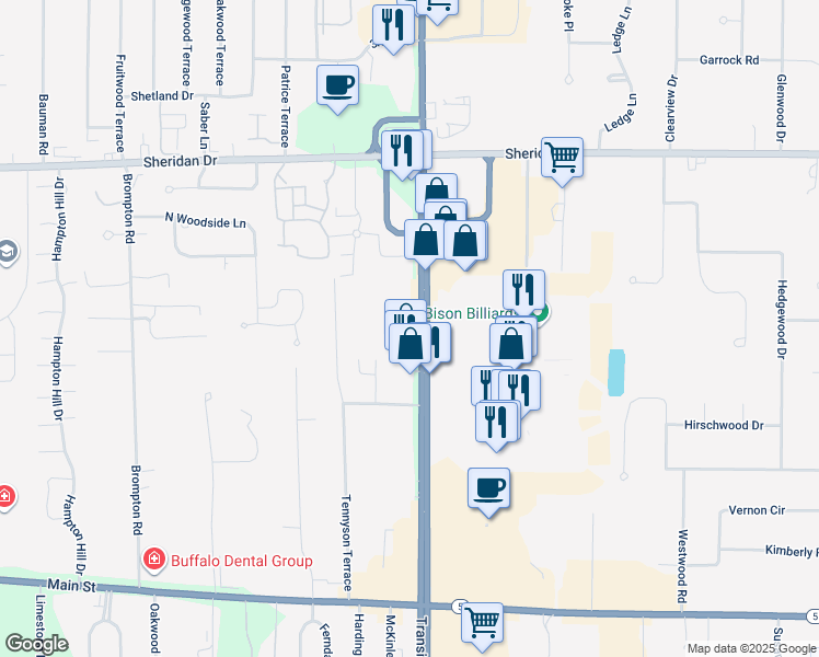 map of restaurants, bars, coffee shops, grocery stores, and more near 7530 Transit Road in Buffalo