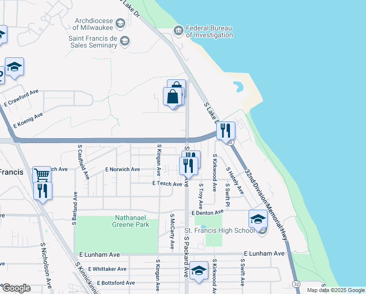 map of restaurants, bars, coffee shops, grocery stores, and more near 3913 South Packard Avenue in Saint Francis