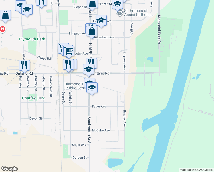 map of restaurants, bars, coffee shops, grocery stores, and more near 1048 Ontario Road in Welland