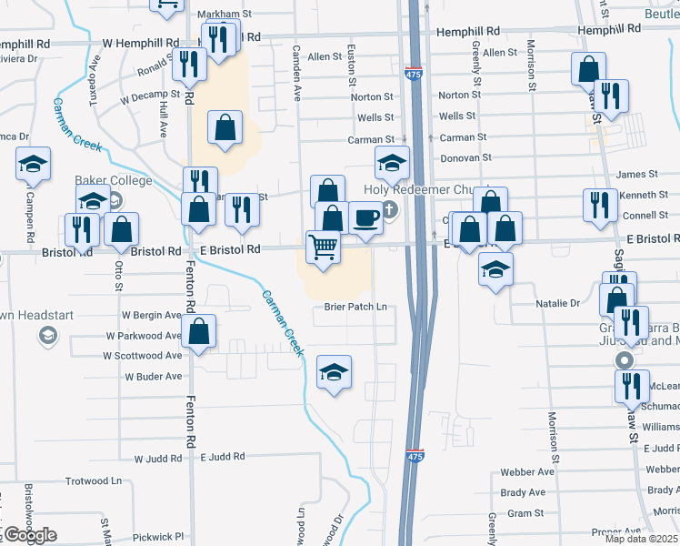map of restaurants, bars, coffee shops, grocery stores, and more near 1200 East Bristol Road in Burton