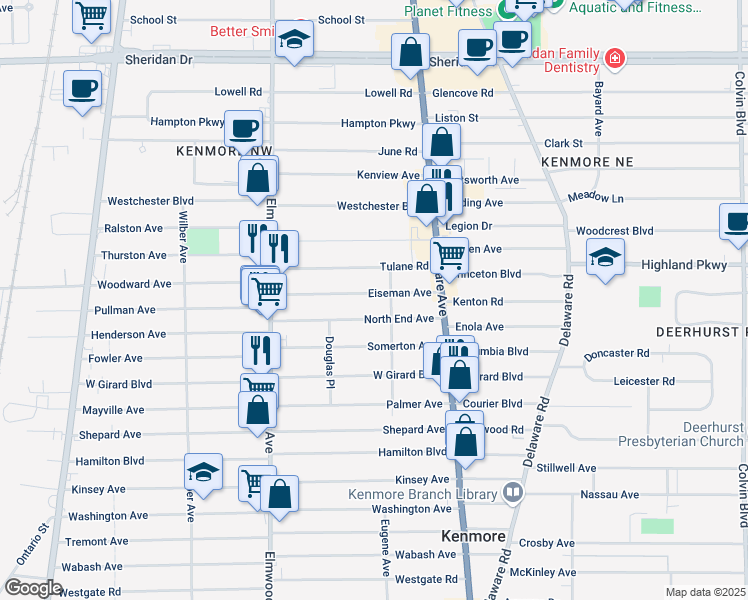 map of restaurants, bars, coffee shops, grocery stores, and more near 76 Eiseman Avenue in Buffalo