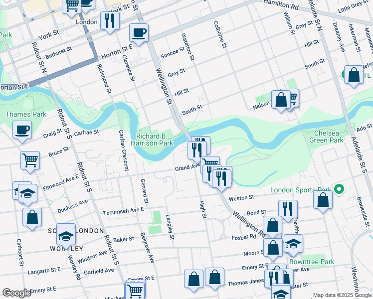 map of restaurants, bars, coffee shops, grocery stores, and more near 163 Front Street in London