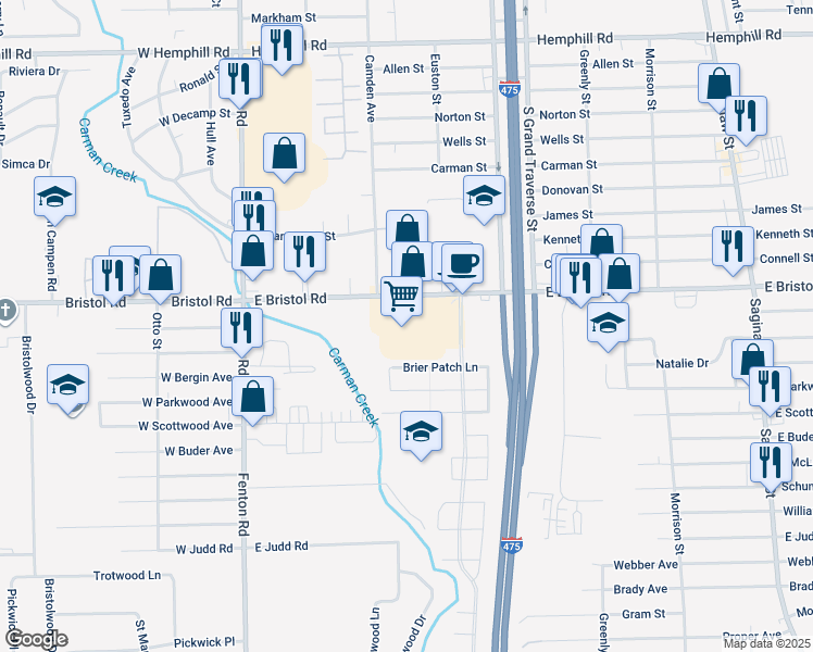 map of restaurants, bars, coffee shops, grocery stores, and more near 1200 East Bristol Road in Burton