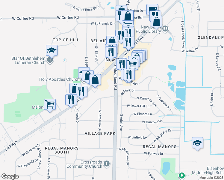 map of restaurants, bars, coffee shops, grocery stores, and more near 3911 South Moorland Road in New Berlin
