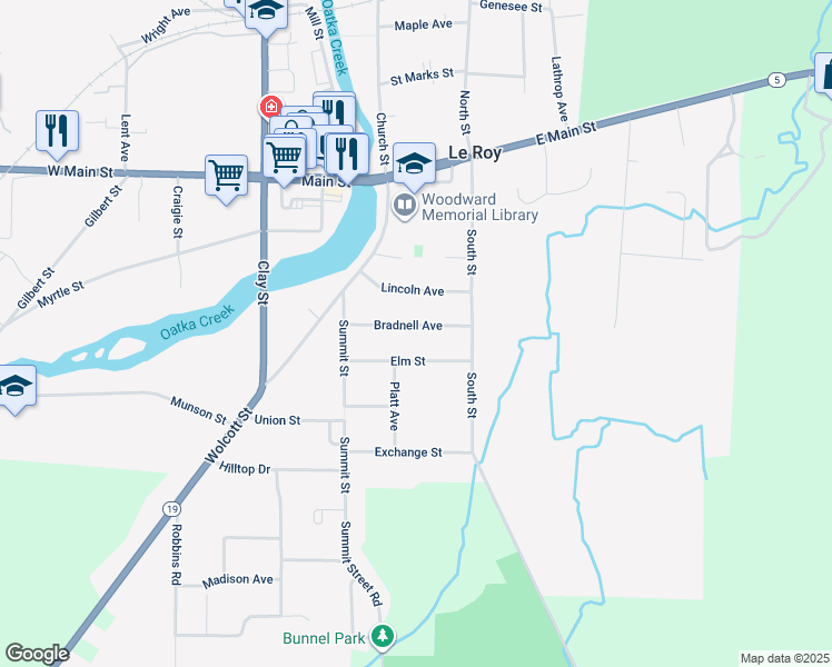 map of restaurants, bars, coffee shops, grocery stores, and more near 20 Bradnell Avenue in Le Roy