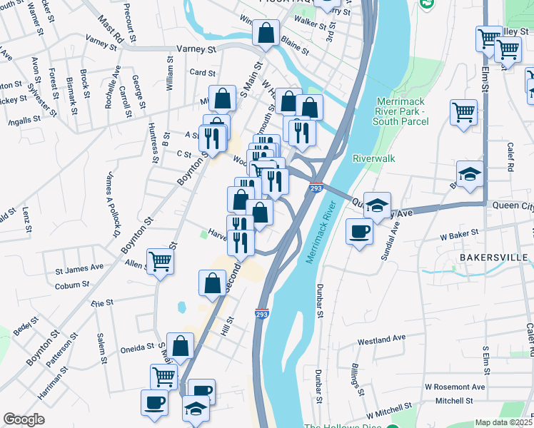 map of restaurants, bars, coffee shops, grocery stores, and more near 596 U.S. 3 in Manchester