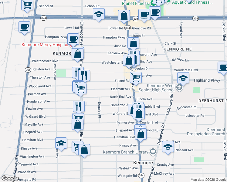 map of restaurants, bars, coffee shops, grocery stores, and more near 79 Eiseman Avenue in Buffalo