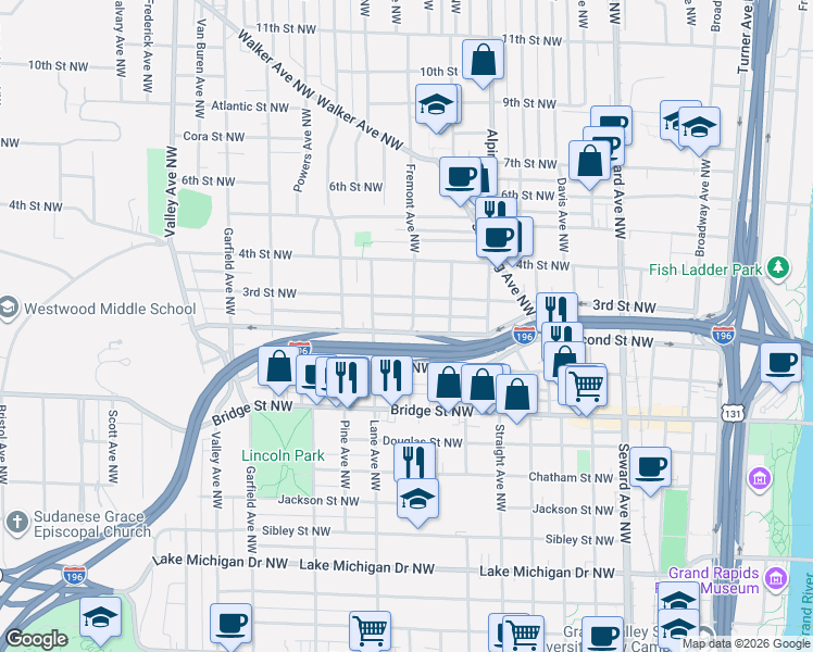 map of restaurants, bars, coffee shops, grocery stores, and more near 923 Second Street Northwest in Grand Rapids