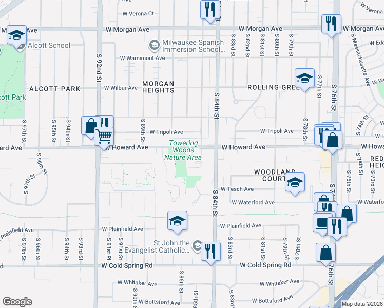 map of restaurants, bars, coffee shops, grocery stores, and more near 8521 West Howard Avenue in Greenfield