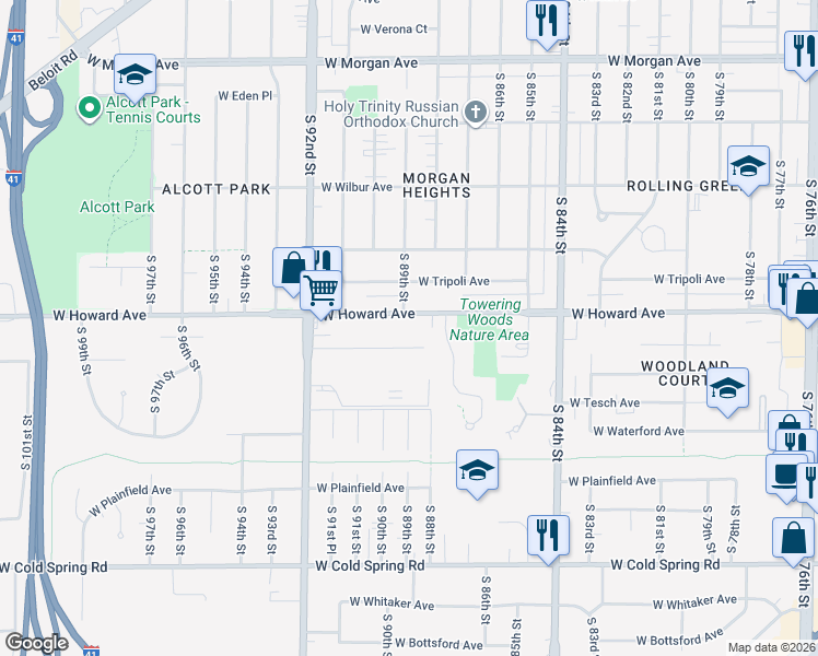 map of restaurants, bars, coffee shops, grocery stores, and more near 8875 West Howard Avenue in Greenfield
