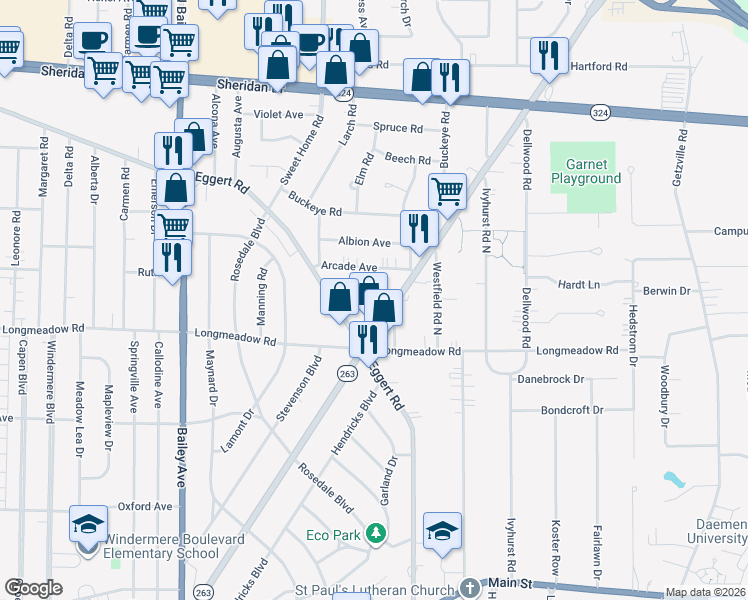 map of restaurants, bars, coffee shops, grocery stores, and more near 59 Addison Avenue in Buffalo