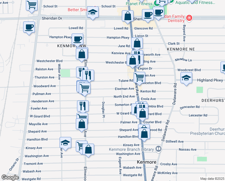 map of restaurants, bars, coffee shops, grocery stores, and more near 92 Eiseman Avenue in Buffalo