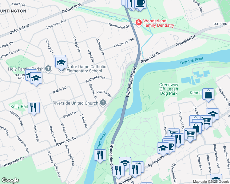 map of restaurants, bars, coffee shops, grocery stores, and more near 641 Riverside Drive in London