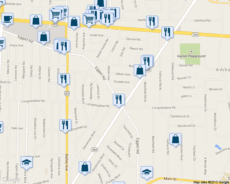 map of restaurants, bars, coffee shops, grocery stores, and more near 1667 Eggert Road in Buffalo