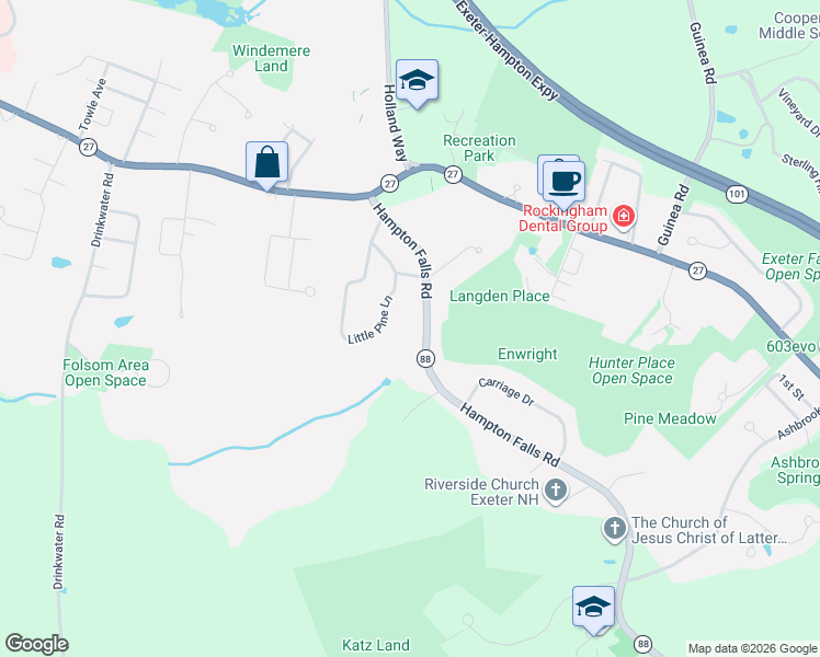 map of restaurants, bars, coffee shops, grocery stores, and more near 19 Hampton Road in Exeter