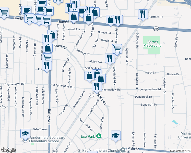 map of restaurants, bars, coffee shops, grocery stores, and more near 59 Addison Avenue in Buffalo
