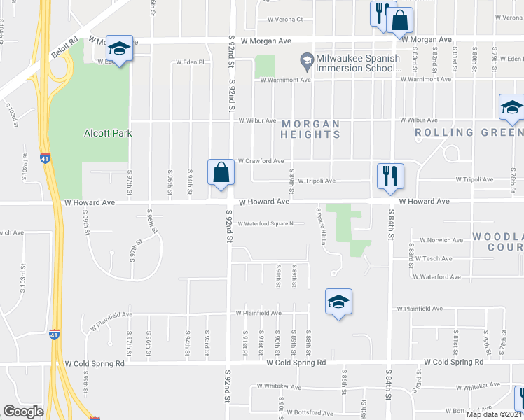 map of restaurants, bars, coffee shops, grocery stores, and more near 9025 West Howard Avenue in Greenfield