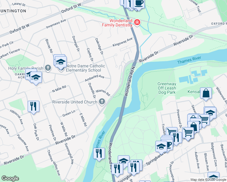 map of restaurants, bars, coffee shops, grocery stores, and more near 645 Riverside Drive in London