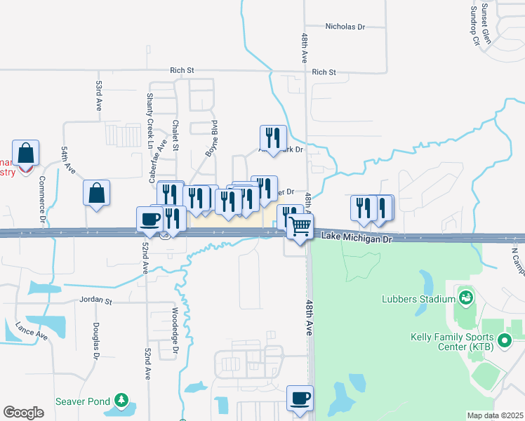 map of restaurants, bars, coffee shops, grocery stores, and more near University Parkway in Allendale Charter Township